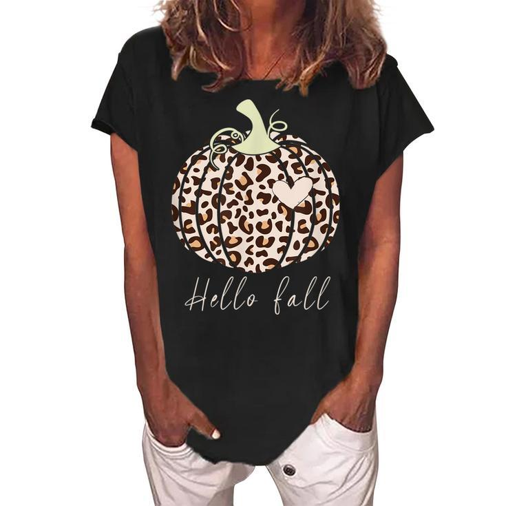 Hello Fall Animal Print Leopard Heart Pumpkin Fall Halloween  Women's Loosen Crew Neck Short Sleeve T-Shirt