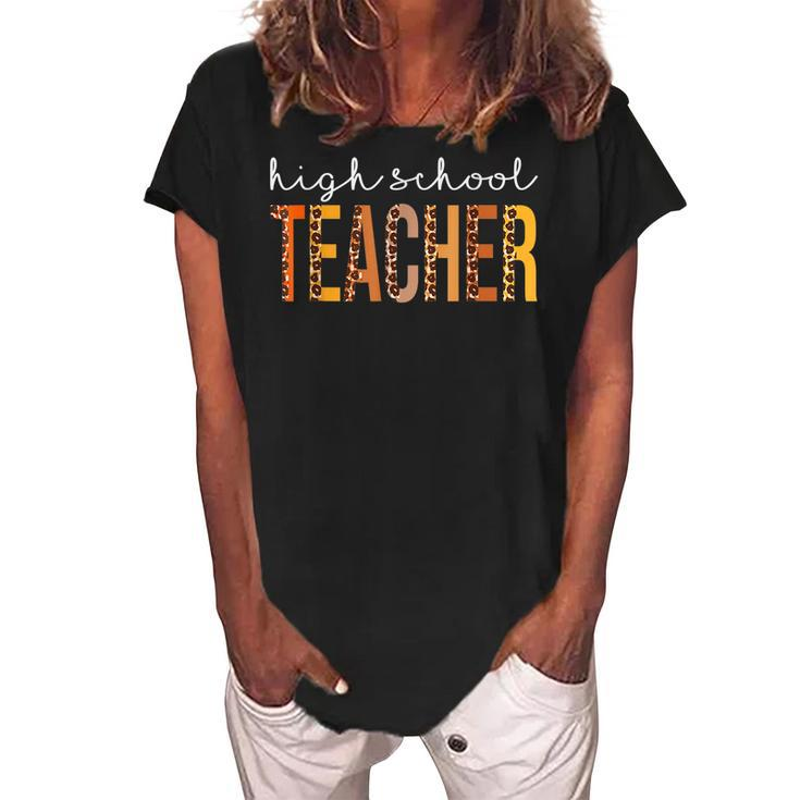 High School Teacher Leopard Fall Autumn Lovers Thanksgiving  Women's Loosen Crew Neck Short Sleeve T-Shirt