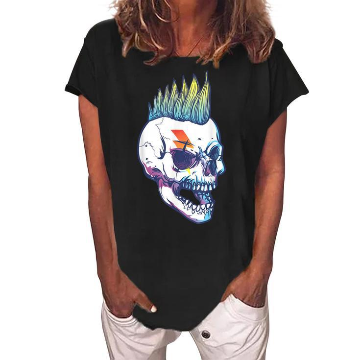 Iroquois Skeleton Scull Punk Rocker Halloween Party Costume  Women's Loosen Crew Neck Short Sleeve T-Shirt
