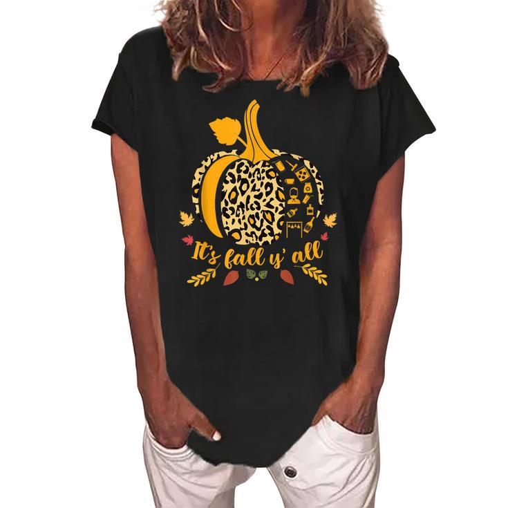 It’S Fall Y’All Leopard Print Pumpkin Bartender Halloween  Women's Loosen Crew Neck Short Sleeve T-Shirt