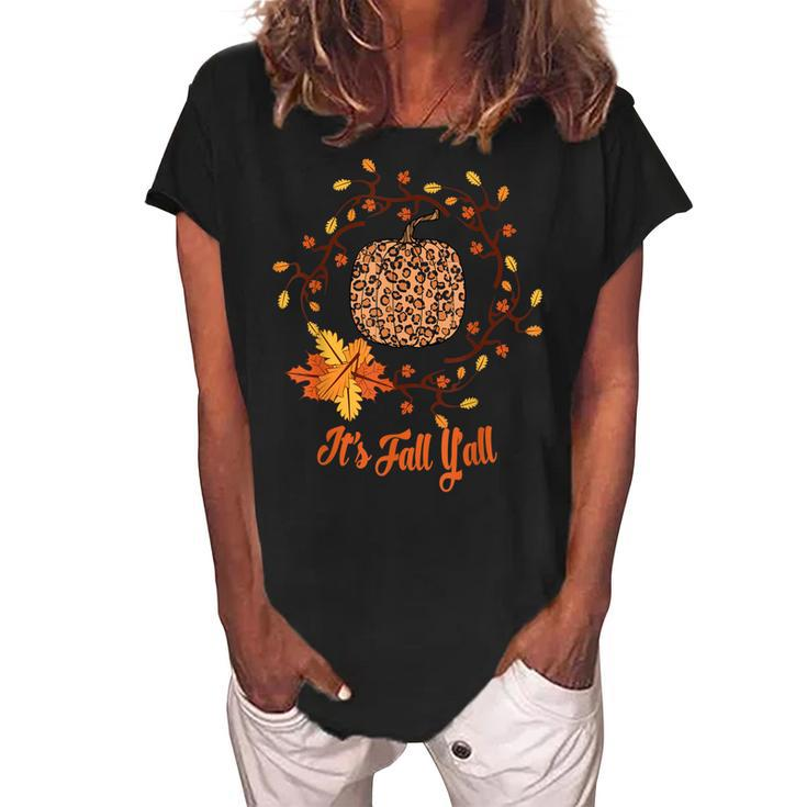 Its Fall Yall Leopard Print Pumpkin Thanksgiving Halloween  Women's Loosen Crew Neck Short Sleeve T-Shirt