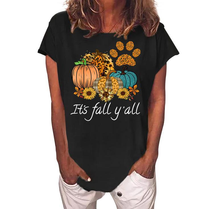 Its Fall Yall Leopard Pumpkin Autumn Dog Paw Halloween  Women's Loosen Crew Neck Short Sleeve T-Shirt