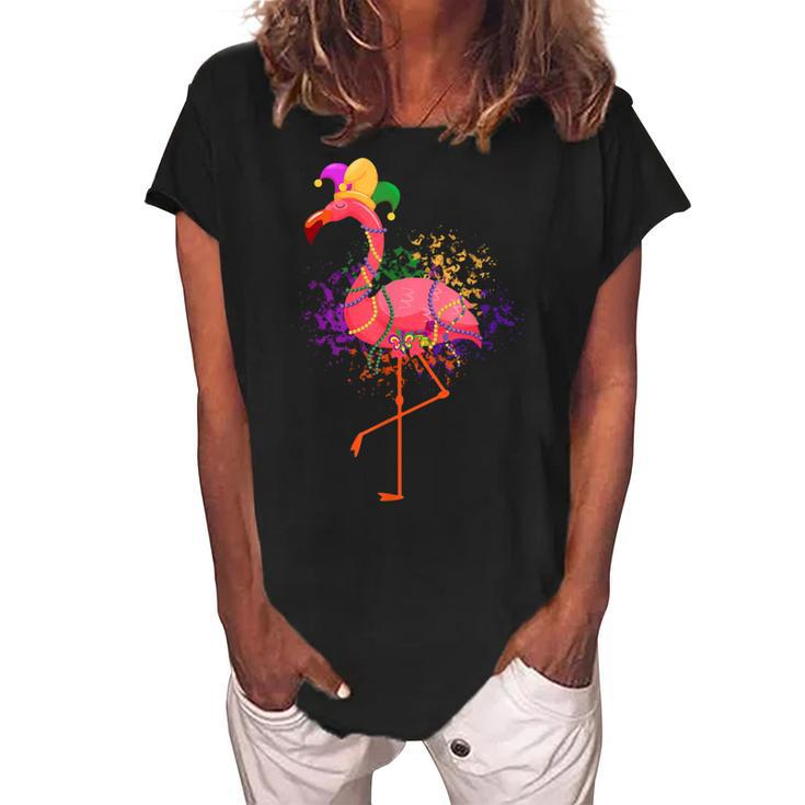 Jester Pink Flamingo Bird Animal Cute Mardi Gras Carnival  Women's Loosen Crew Neck Short Sleeve T-Shirt