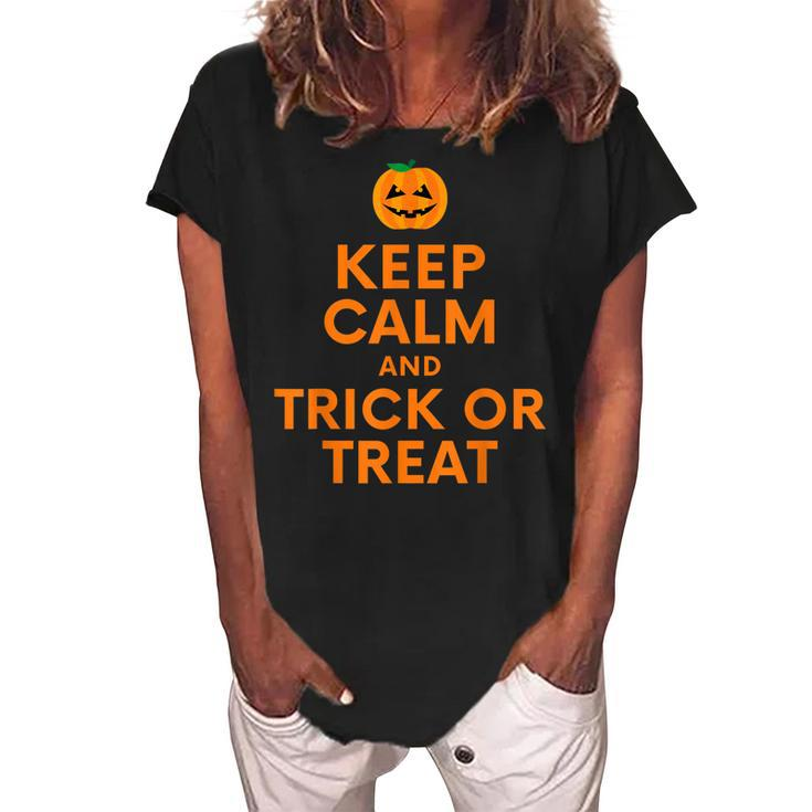 Keep Calm And Trick Or Treat Halloween Costume Top  Women's Loosen Crew Neck Short Sleeve T-Shirt