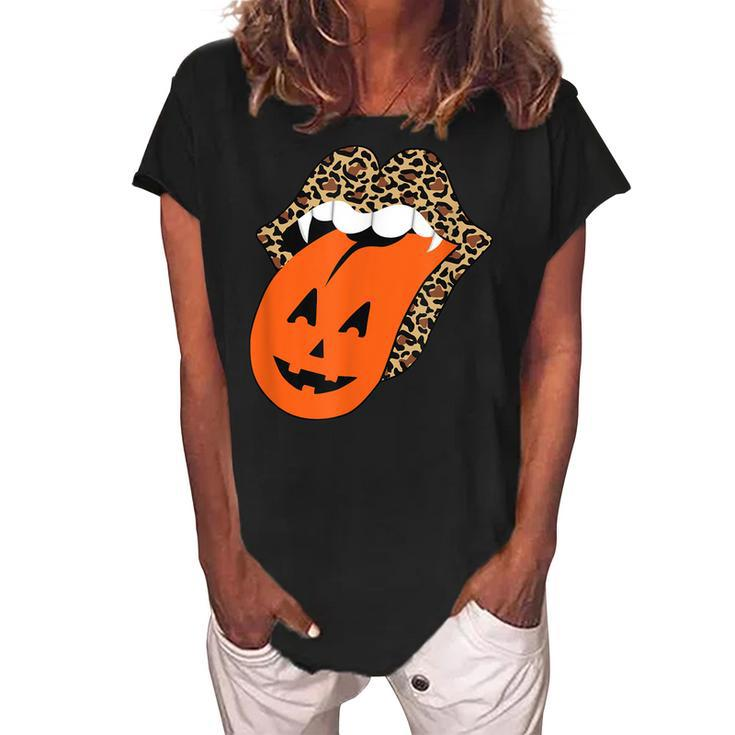Leopard Lips Halloween Lips Vampire Mouth Pumpkin Tongue  V3 Women's Loosen Crew Neck Short Sleeve T-Shirt