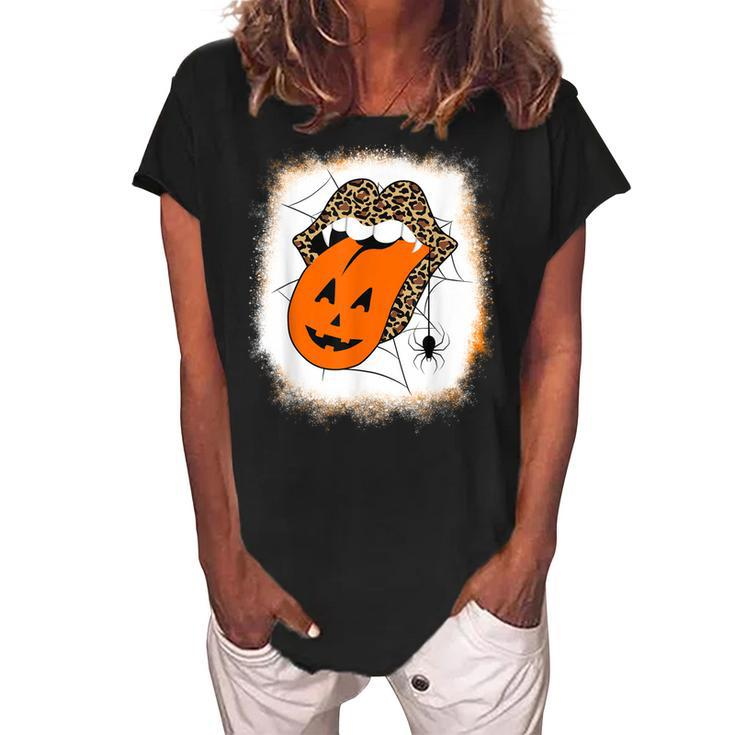 Leopard Lips Halloween Lips Vampire Mouth Pumpkin Tongue  Women's Loosen Crew Neck Short Sleeve T-Shirt