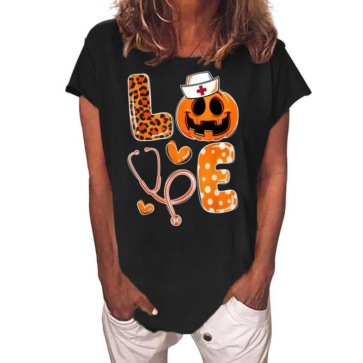 Leopard Love Cna Halloween Nurse Doctor Pumpkin Fall  Women's Loosen Crew Neck Short Sleeve T-Shirt