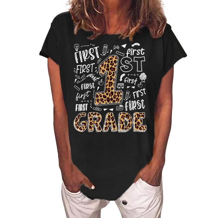 Leopard Print 1St Grade Teacher Kids Back To School  Women's Loosen Crew Neck Short Sleeve T-Shirt