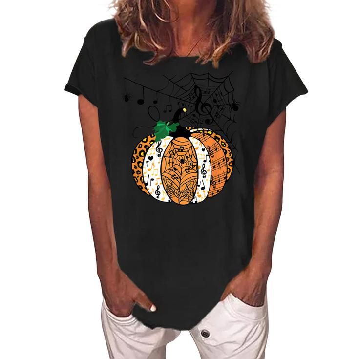 Leopard Pumpkin Music Teacher Funny Halloween Spooky Season  Women's Loosen Crew Neck Short Sleeve T-Shirt