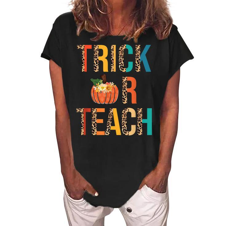 Leopard Trick Or Teach Pumpkin Teacher Halloween Costume  Women's Loosen Crew Neck Short Sleeve T-Shirt