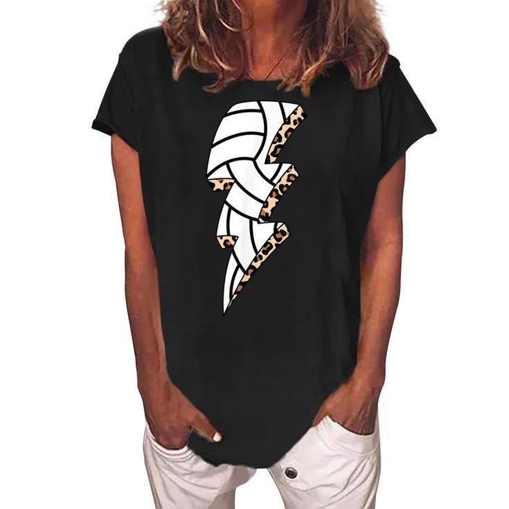 Leopard Volleyball Lightning Bolt Volleyball Mom Game Day  Women's Loosen Crew Neck Short Sleeve T-Shirt