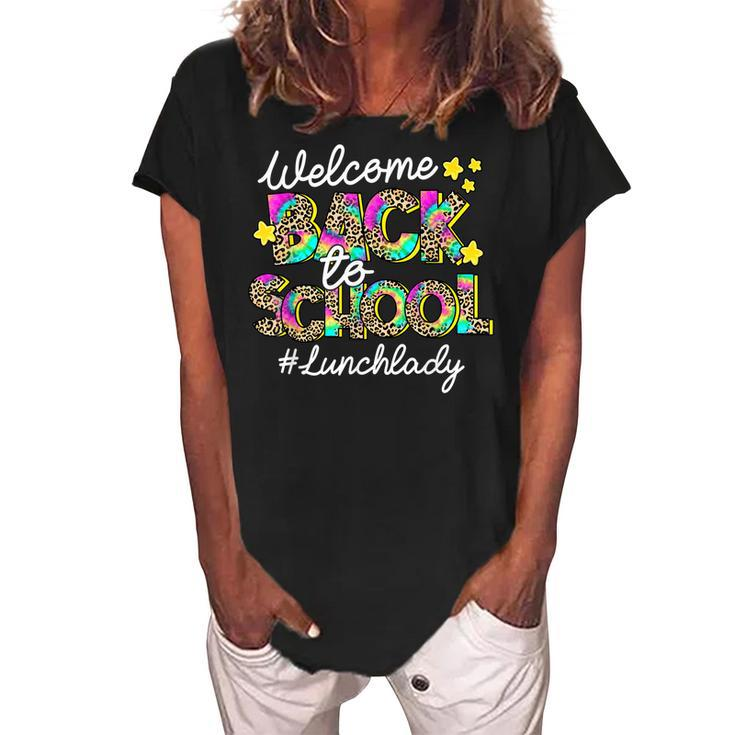 Leopard Welcome Back To School Lunch Lady Life  Women's Loosen Crew Neck Short Sleeve T-Shirt