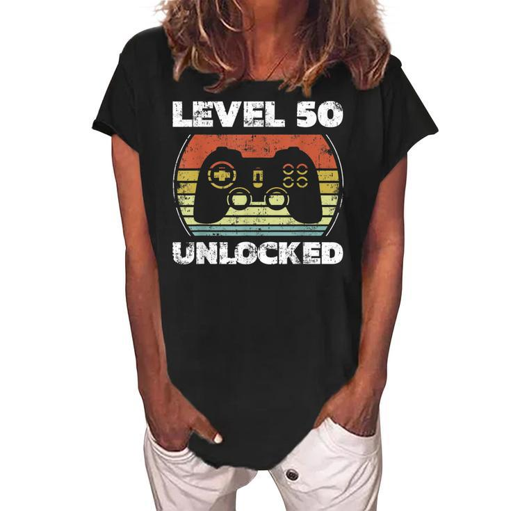 Level 50 Unlocked Funny Video Gamer 50Th Birthday  Women's Loosen Crew Neck Short Sleeve T-Shirt