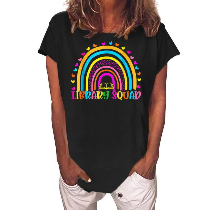 Library Squad Rainbow Teacher Librarian Bookworm Book Lover  Women's Loosen Crew Neck Short Sleeve T-Shirt