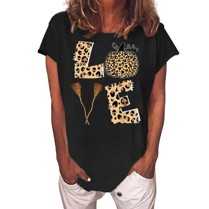 Love Halloween Cute Ghost Leopard Pumpkin Candies Lovers  Women's Loosen Crew Neck Short Sleeve T-Shirt