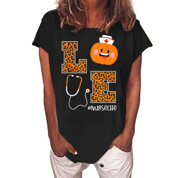 Love Nurse Life Pumpkin Leopard Fall Halloween Nurses  Women's Loosen Crew Neck Short Sleeve T-Shirt