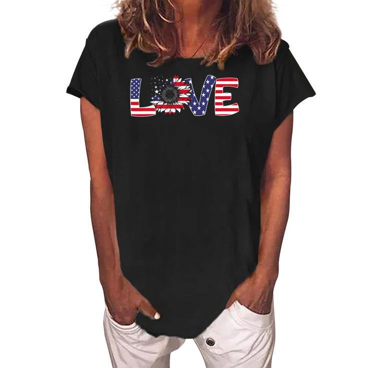 Love Sunflower 4Th Of July Women American Flag Patriotic Women's Loosen Crew Neck Short Sleeve T-Shirt