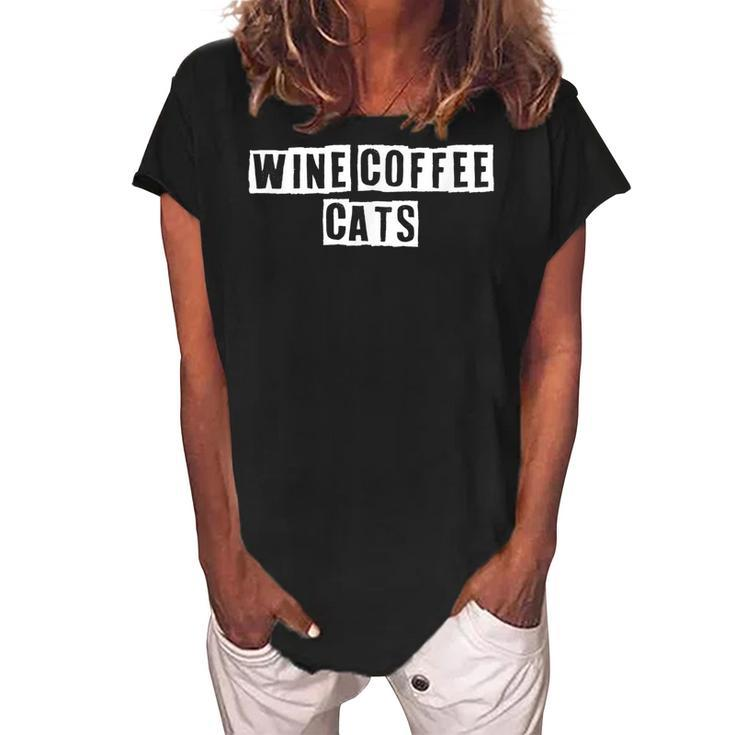 Lovely Funny Cool Sarcastic Wine Coffee Cats  Women's Loosen Crew Neck Short Sleeve T-Shirt