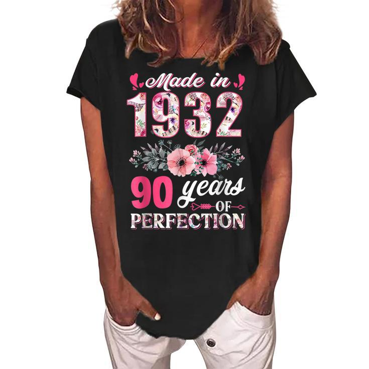 Made In 1932 Floral 90 Years Old 90Th Birthday Gift  Women's Loosen Crew Neck Short Sleeve T-Shirt