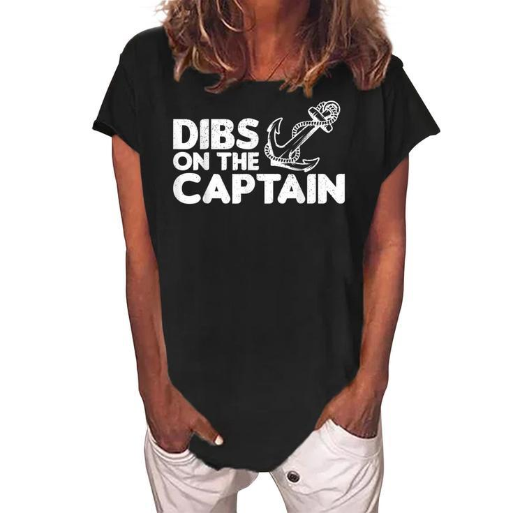 Mens Funny Captain Wife Dibs On The Captain Funny Fishing Quote  Women's Loosen Crew Neck Short Sleeve T-Shirt