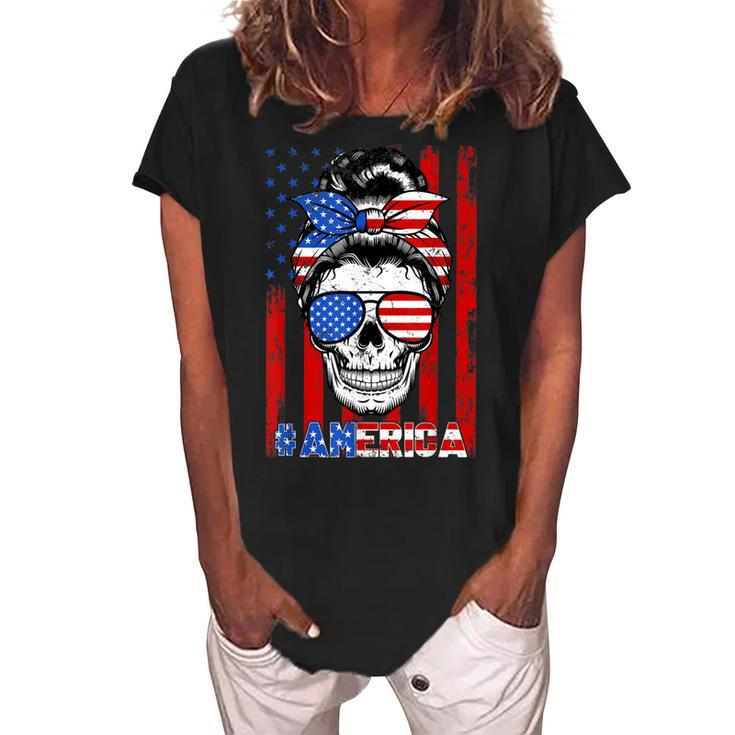 Messy Bun Skull America Flag Glasses 4Th Of July Patriotic Women's Loosen Crew Neck Short Sleeve T-Shirt