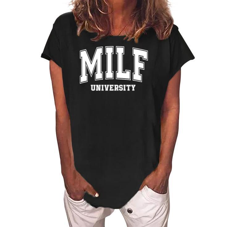 Milf University Vintage Funny Saying Sarcastic Sexy Mom Milf Women's Loosen Crew Neck Short Sleeve T-Shirt