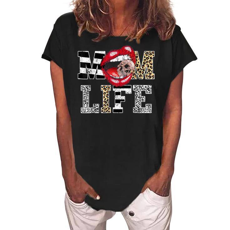 Mom Life Leopard Lip Skull Red Lip Mothers Day  Women's Loosen Crew Neck Short Sleeve T-Shirt