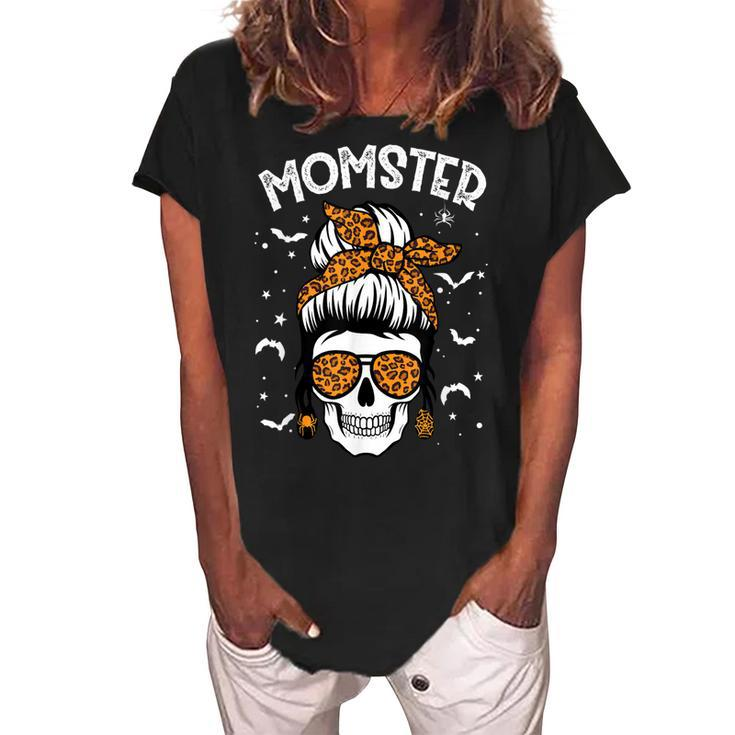 Momster Halloween Costume Skull Mom Messy Hair Bun Monster  Women's Loosen Crew Neck Short Sleeve T-Shirt