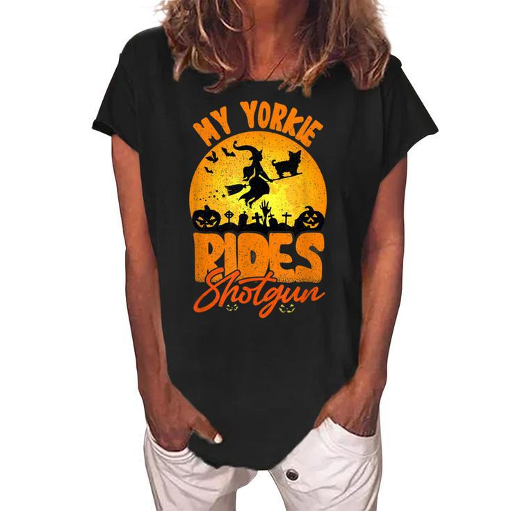 My Yorkie Rides Shotgun Halloween Witch Dog Spooky Season  Women's Loosen Crew Neck Short Sleeve T-Shirt