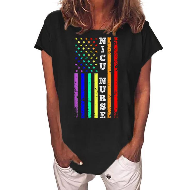 Nicu Nurse Gay Pride American Flag Pride Month 4Th Of July  Women's Loosen Crew Neck Short Sleeve T-Shirt