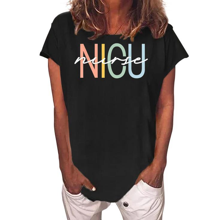 Nicu Nurse Icu Neonatal Boho Rainbow Team Tiny Humans Retro  V2 Women's Loosen Crew Neck Short Sleeve T-Shirt