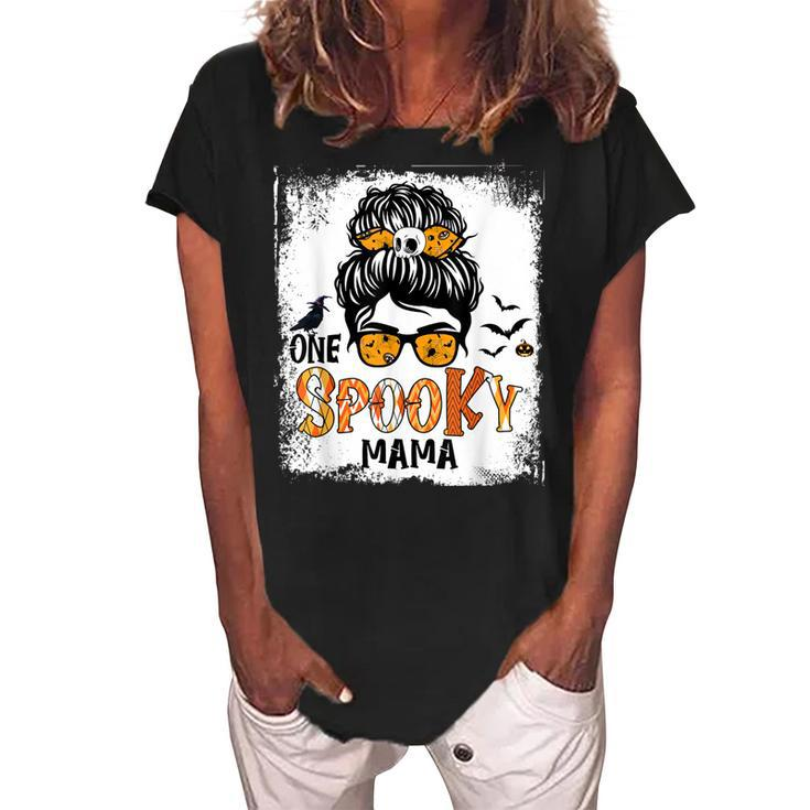 One Spooky Mama For Halloween Messy Bun Mom Monster Bleached  V5 Women's Loosen Crew Neck Short Sleeve T-Shirt