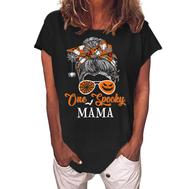 One Spooky Mama Halloween Woman Messy Bun Hair Sunglasses  Women's Loosen Crew Neck Short Sleeve T-Shirt