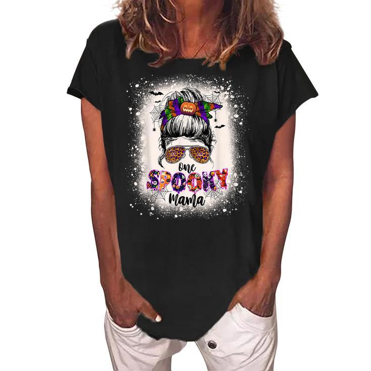 One Spooky Mama Mommy Halloween Mom Life Messy Bun Bleached  Women's Loosen Crew Neck Short Sleeve T-Shirt