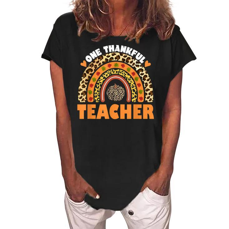 One Thankful Teacher Leopard Rainbow Pumpkin Thanksgiving  V2 Women's Loosen Crew Neck Short Sleeve T-Shirt