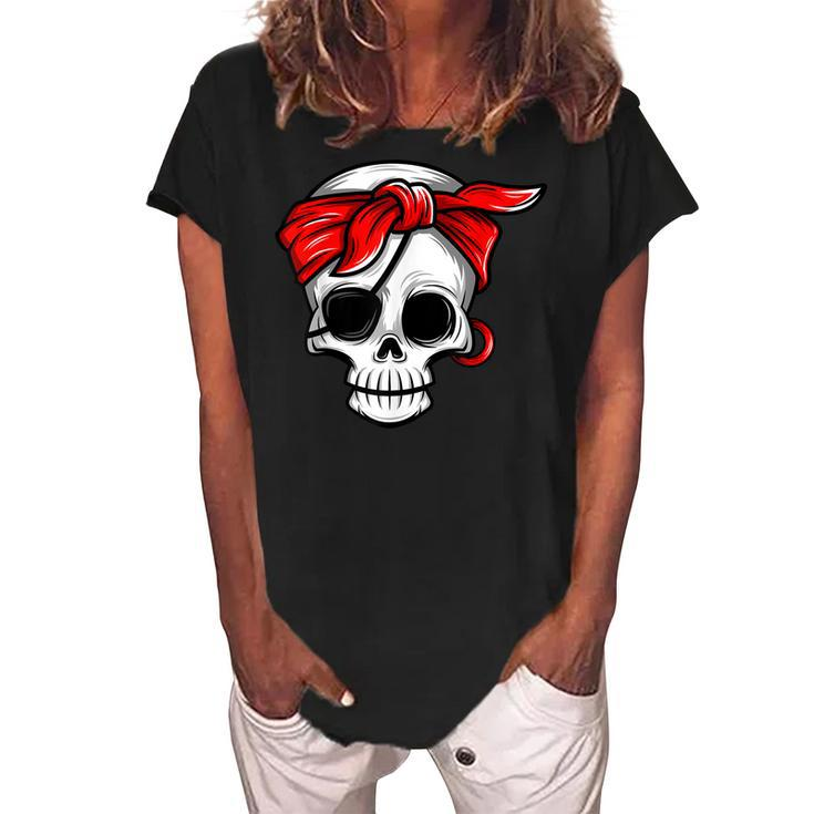 Pirate Dead With Eye Patch Red Bandana Halloween Diy Costume  Women's Loosen Crew Neck Short Sleeve T-Shirt