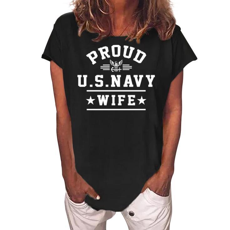 Proud Navy Wife - Wife Of A Navy Veteran Women's Loosen Crew Neck Short Sleeve T-Shirt