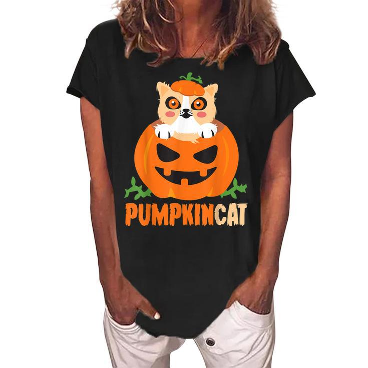 Pumpkin Cat Cute Kitty Trick Or Treat Halloween Costume  Women's Loosen Crew Neck Short Sleeve T-Shirt