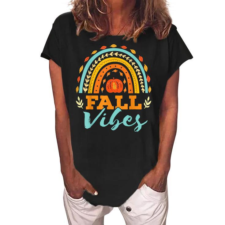 Pumpkin Fall Vibes Rainbow Autumn Colors Thanksgiving Day  Women's Loosen Crew Neck Short Sleeve T-Shirt