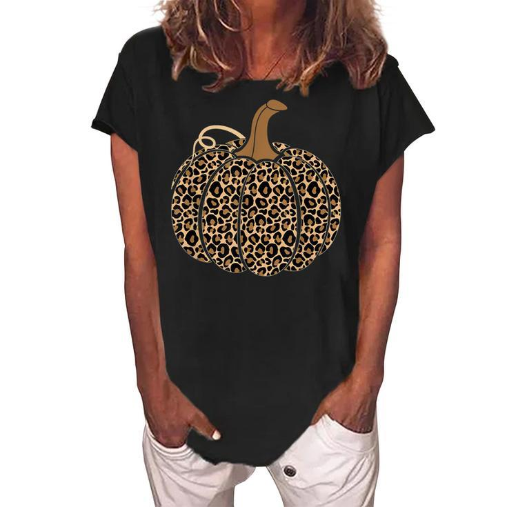 Pumpkin Leopard Women N Girls Halloween Thanksgiving  Women's Loosen Crew Neck Short Sleeve T-Shirt