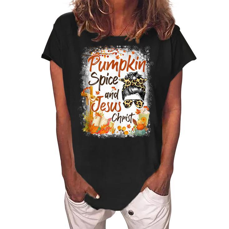 Pumpkin Spice And Jesus Christ Leopard Messy Bun Fall  Women's Loosen Crew Neck Short Sleeve T-Shirt
