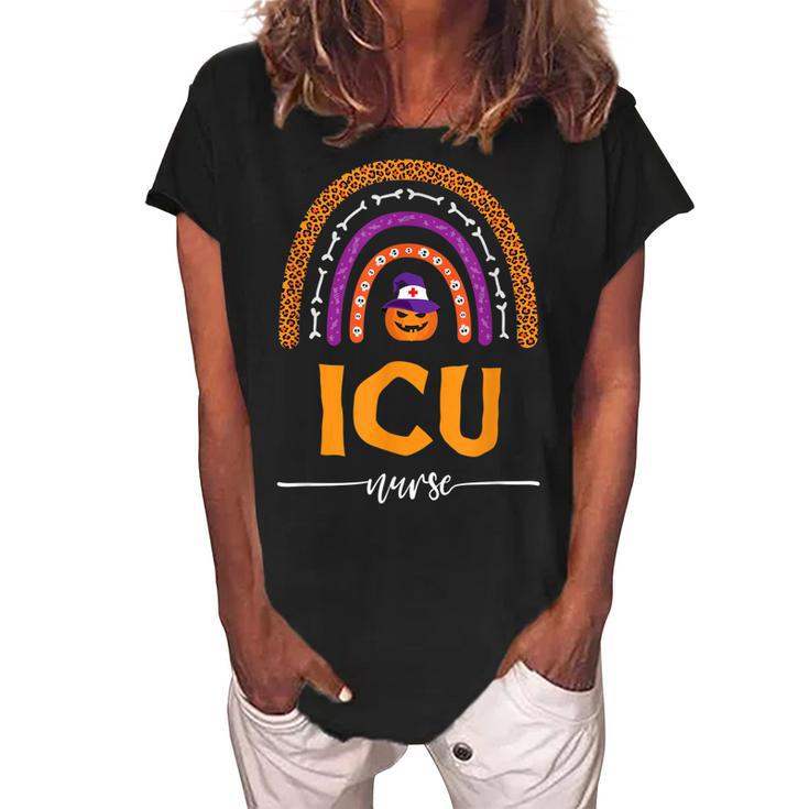 Rainbow Leopard Halloween Icu Nurse Jackolantern  Women's Loosen Crew Neck Short Sleeve T-Shirt