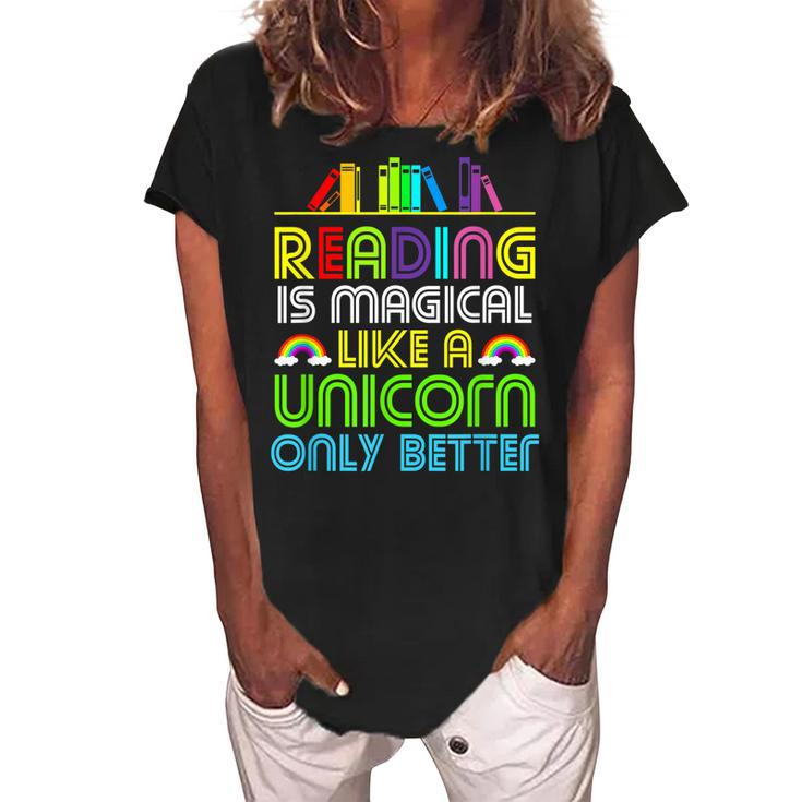 Reading Magical Unicorn T  Gifts For Men Women Kids Women's Loosen Crew Neck Short Sleeve T-Shirt