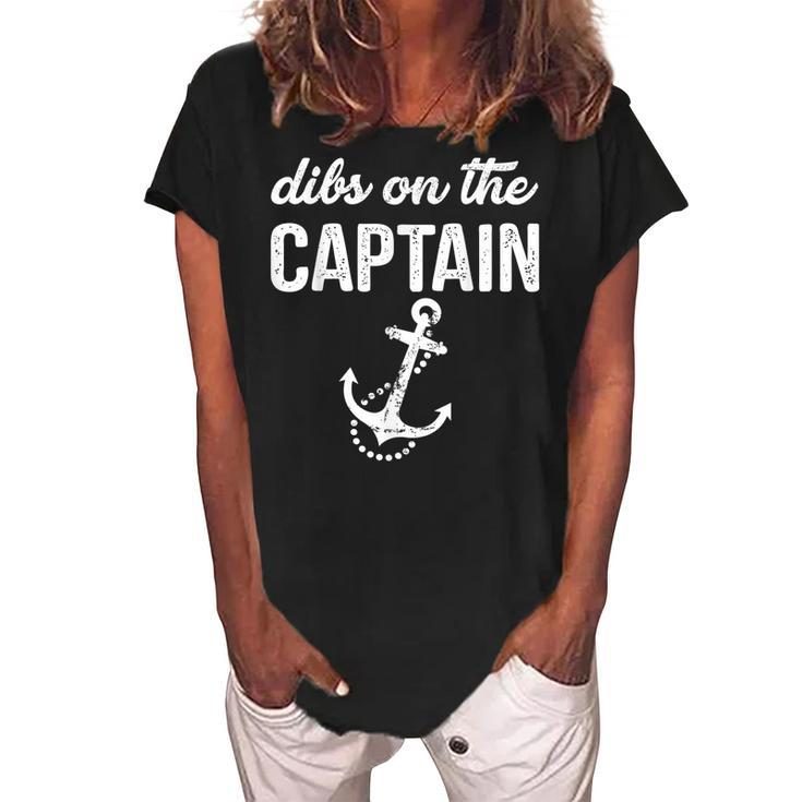 Retro Anchor Vintage Dibs On The Captain Funny Captain Wife  Women's Loosen Crew Neck Short Sleeve T-Shirt