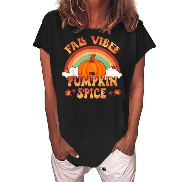 Retro Fall Vibes And Pumpkin Spice Rainbow Fall Autumn  Women's Loosen Crew Neck Short Sleeve T-Shirt