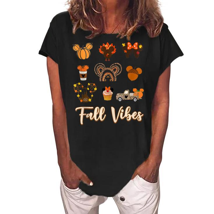 Retro Fall Vibes Pumpkin Turkey Halloween Fall Thanksgiving  Women's Loosen Crew Neck Short Sleeve T-Shirt
