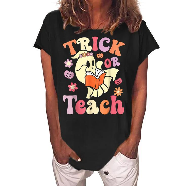 Retro Vintage Groovy Trick Or Teach Halloween Teacher Life  V5 Women's Loosen Crew Neck Short Sleeve T-Shirt