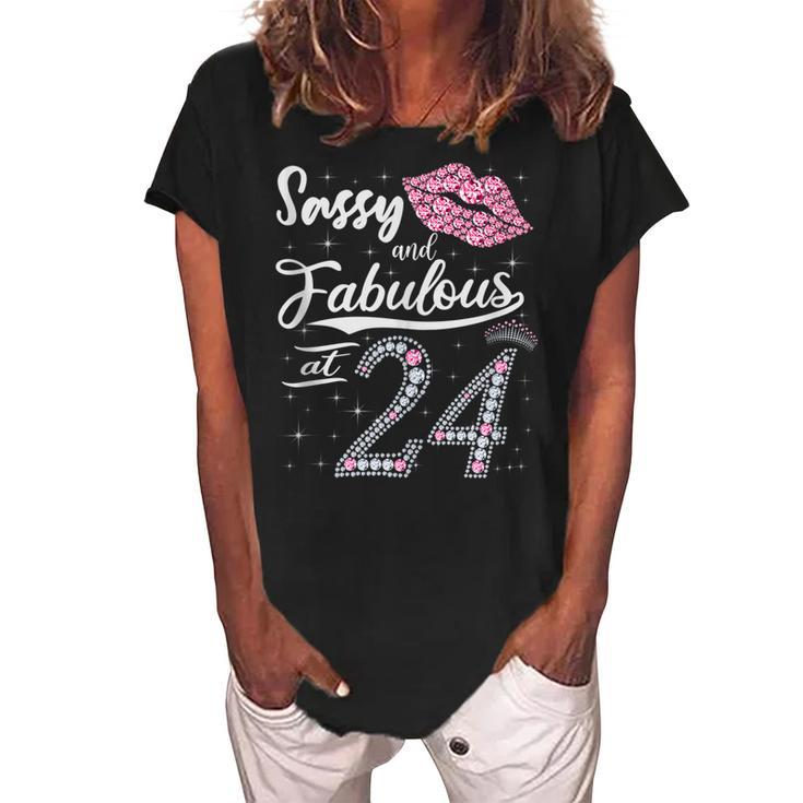 Sassy And Fabulous At 24 24Th Pink Crown Lips Women Birthday  Women's Loosen Crew Neck Short Sleeve T-Shirt