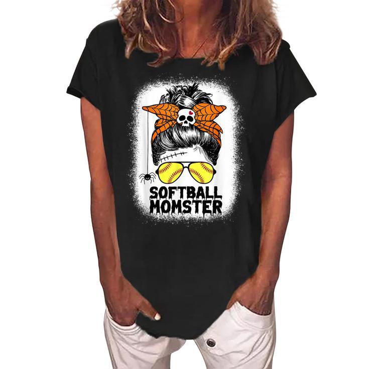 Softball Mom Life Messy Bun Halloween Women Softball Momster  V2 Women's Loosen Crew Neck Short Sleeve T-Shirt