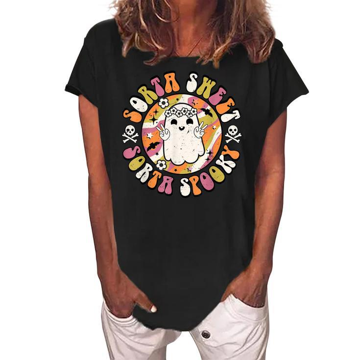 Sorta Sweet Sorta Spooky Cute Smiling Ghost Funny Halloween  Women's Loosen Crew Neck Short Sleeve T-Shirt